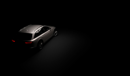 Stylish car on a black background with led lights on. Futuristic modern vehicle head light xenon on dark. 3d renderの写真素材
