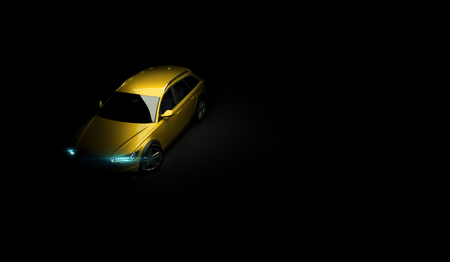 Stylish car on a black background with led lights on. Futuristic modern vehicle head light xenon on dark. 3d renderの写真素材