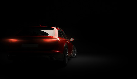 Stylish car on a black background with led lights on. Futuristic modern vehicle head light xenon on dark. 3d renderの写真素材
