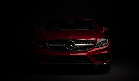 Almaty, Kazakhstan - march 24, 2019: Mercedes-Benz cls 500 AMG stylish luxury business class fast car on dark background. Mercedes-Benz logo and bumper. 3d renderのeditorial素材