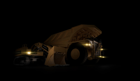 Huge empty mining dump truck isolated on black background. Low angle. 3d illustrationの写真素材