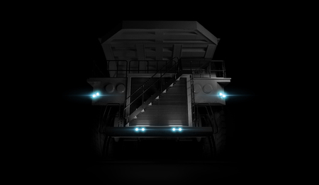 Huge empty mining dump truck isolated on black background. Low angle. 3d illustrationの写真素材
