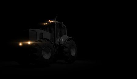 New tractor standing on black background, a modern agricultural transport with headlights closeup. 3d render.の写真素材