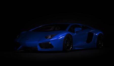 Almaty, Kazakhstan. Juli 08: Lamborghini Aventador. luxury stylish sport car on dark, black background. 3D renderのeditorial素材