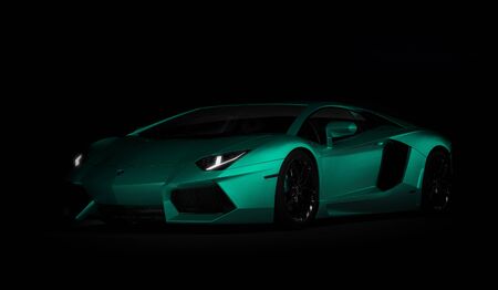 Almaty, Kazakhstan. Juli 08: Lamborghini Aventador. luxury stylish sport car on dark, black background. 3D renderのeditorial素材