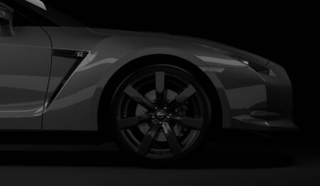 Almaty, Kazakhstan. Juli 15, 2019: Nissan GTR supercar. On dark background. 3D renderのeditorial素材