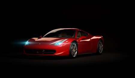 Almaty, Kazakhstan. Juli 25, 2019: Ferrari 458 Italia Pininfarina. luxury stylish supercar on dark background. 3D renderのeditorial素材