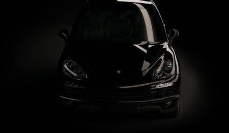 Almaty, Kazakhstan. Juli 28, 2019: Porsche cayenne 958. luxury stylish car on dark, black background. 3D renderのeditorial素材