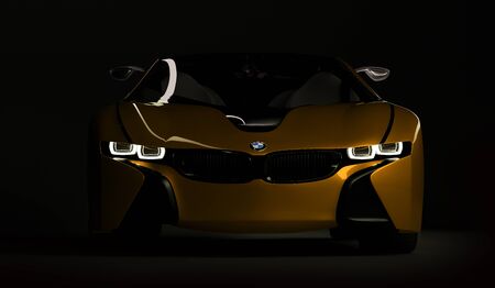 Almaty, Kazakhstan August 10, 2019. BMW i8 concept on the dark isolated background. 3D render