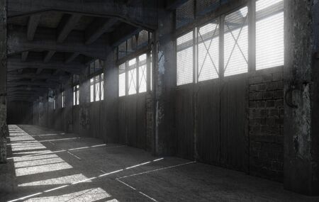 Discarded factory corridor with sunlight. 3d renderの写真素材