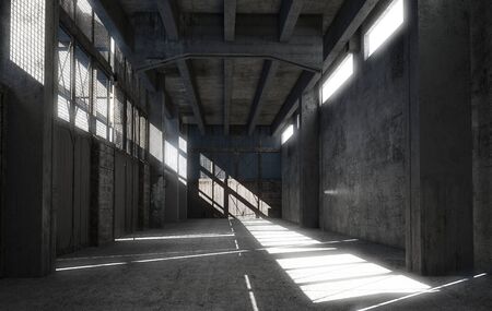 Discarded factory corridor with sunlight. 3d renderの写真素材