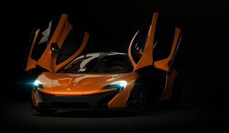 Almaty, Kazakhstan - Oktober 22, 2019: Mclaren P1 stylish luxury supercar on dark background. 3d renderのeditorial素材