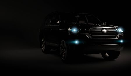 lmaty, Kazakhstan Oktober 29, 2019. Toyota Land Cruiser LC200 on the dark background. 3D renderのeditorial素材