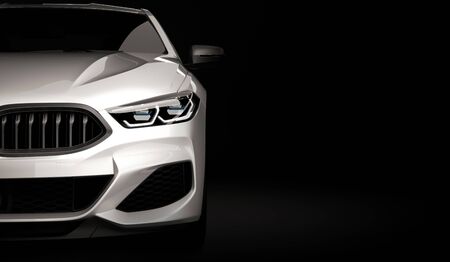 Stylish car on a black background with led lights on. Futuristic modern vehicle head light xenon on dark. 3d renderの写真素材