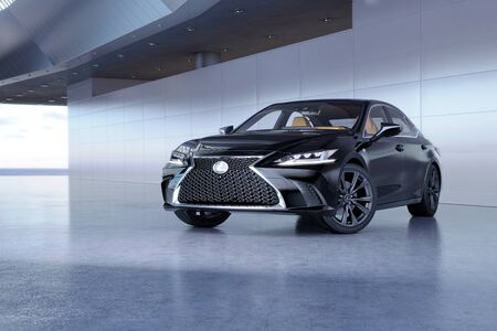 Almaty, Kazakhstan - February 20, 2019: The 2019 Lexus ES 350 F SPORT on futuristic background. Luxury sedan in modern studio light. 3d renderのeditorial素材