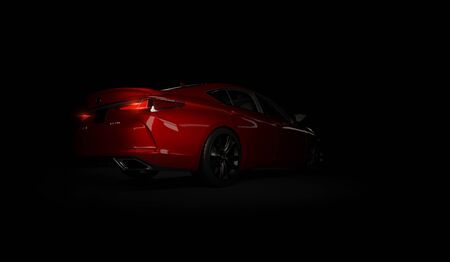 Almaty, Kazakhstan - February 26, 2019: The 2019 Lexus ES 350 F SPORT on black background. Luxury sedan in dark studio light. 3d renderのeditorial素材