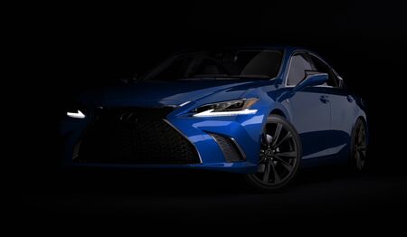 Almaty, Kazakhstan - February 26, 2019: The 2019 Lexus ES 350 F SPORT on black background. Luxury sedan in dark studio light. 3d renderのeditorial素材