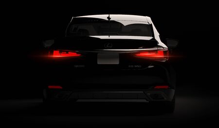 Almaty, Kazakhstan - February 26, 2019: The 2019 Lexus ES 350 F SPORT on black background. Luxury sedan in dark studio light. 3d renderのeditorial素材