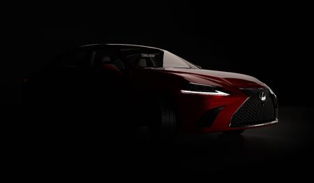 Almaty, Kazakhstan - February 26, 2019: The 2019 Lexus ES 350 F SPORT on black background. Luxury sedan in dark studio light. 3d renderのeditorial素材