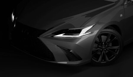 Almaty, Kazakhstan - February 26, 2019: The 2019 Lexus ES 350 F SPORT on black background. Luxury sedan in dark studio light. 3d renderのeditorial素材