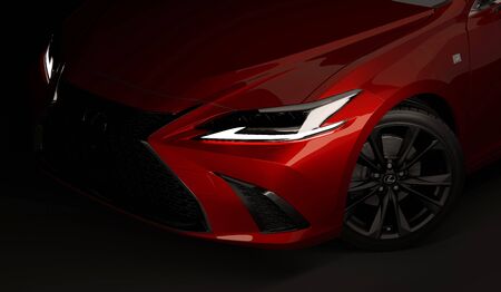 Almaty, Kazakhstan - February 26, 2019: The 2019 Lexus ES 350 F SPORT on black background. Luxury sedan in dark studio light. 3d renderのeditorial素材