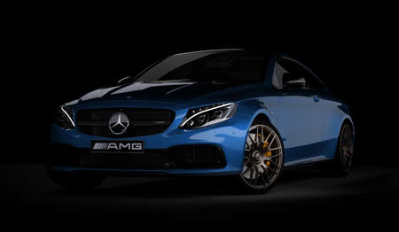 Almaty, Kazakhstan - March 05, 2020: MERCEDES C63S AMG Luxury Sports Coupe on black background. 3d renderのeditorial素材