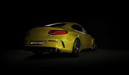 Almaty, Kazakhstan - March 05, 2020: MERCEDES C63S AMG Luxury Sports Coupe on black background. 3d renderのeditorial素材