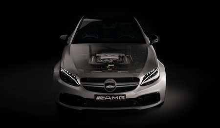 Almaty, Kazakhstan - March 05, 2020: MERCEDES C63S AMG Luxury Sports Coupe on black background. 3d renderのeditorial素材