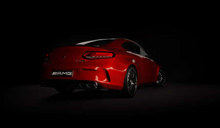 Almaty, Kazakhstan - March 05, 2020: MERCEDES C63S AMG Luxury Sports Coupe on black background. 3d renderのeditorial素材