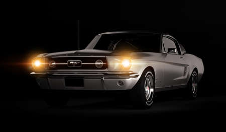 Almaty, Kazakhstan - March 15, 2020: Ford mustang 1967 retro sports car coupe on black background. 3d renderのeditorial素材