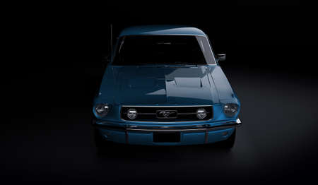 Almaty, Kazakhstan - March 15, 2020: Ford mustang 1967 retro sports car coupe on black background. 3d renderのeditorial素材