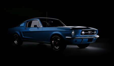 Almaty, Kazakhstan - March 15, 2020: Ford mustang 1967 retro sports car coupe on black background. 3d renderのeditorial素材