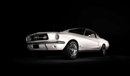 Almaty, Kazakhstan - March 15, 2020: Ford mustang 1967 retro sports car coupe on black background....