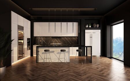 Interior of modern luxury kitchen in private house. 3d render