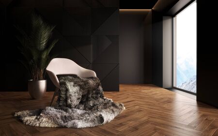 luxury studio apartment in a loft style in dark colors. Stylish modern room area with wooden floor parquet and comfortable chair with a soft, warm blanket. 3d renderの写真素材