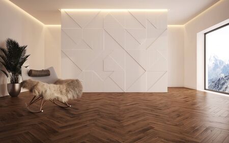 luxury studio apartment in a loft style in light white colors. Stylish modern room area with wooden floor parquet and comfortable chair with a soft, warm blanket. 3d renderの写真素材