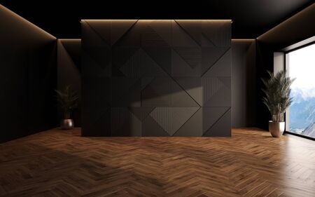 luxury studio apartment with a free layout in a loft style in dark colors. Stylish modern room area...