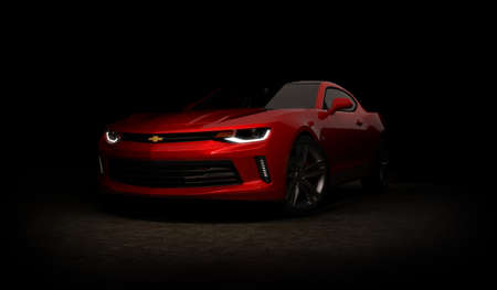 Almaty, Kazakhstan - Jan 10.2022: Chevrolet Camaro beauty studio shots on dark background, 3d renderのeditorial素材