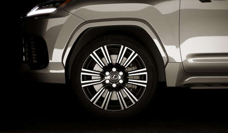 Almaty, Kazakhstan - May 20, 2022: Lexus LX 600, brand new luxury SUV 2022 on the dark background. 3d renderのeditorial素材