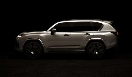 Almaty, Kazakhstan - May 20, 2022: Lexus LX 600, brand new luxury SUV 2022 on the dark background. 3d renderのeditorial素材