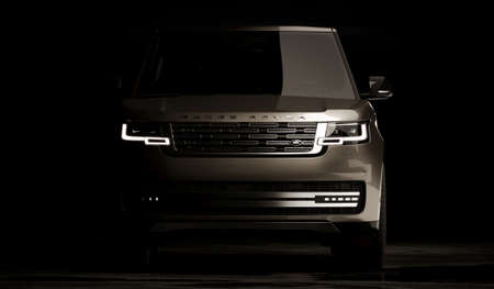 Almaty, Kazakhstan - may 15 2022: new land rover range rover 2022 isolated on dark background. 3d renderのeditorial素材