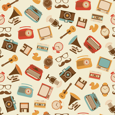Seamless Retro Pattern - Alarm clock, Typewriter, Guitar, Television, Camera, Floppy Disk, Cassette, Radio, Gramophone, Microphone, Watch- Wallpaper Collection of Retro Devicesのイラスト素材