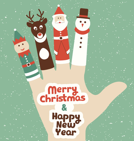 Christmas Finger Puppets on a hand - Retro Style Christmas Illustration - Greeting Card Designのイラスト素材