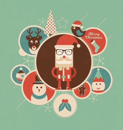 Retro Christmas Design with Circles - Santa Claus and his friends illustratedのイラスト素材