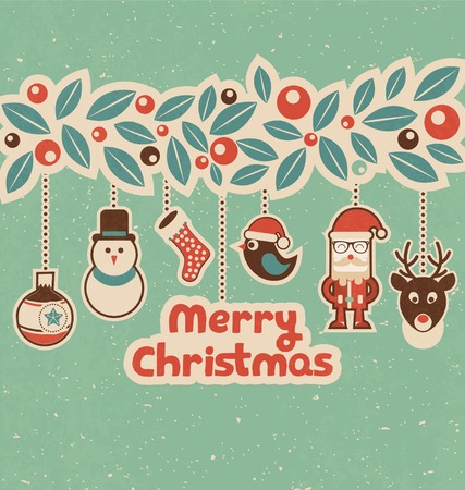 Illustration for Retro Christmas Design with Hanging Characters - Vintage Style Christmas Greeting Card - Royalty Free Image