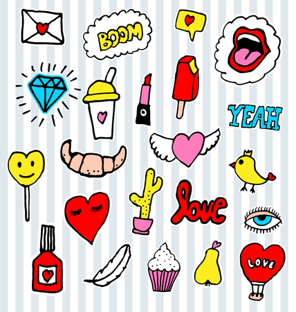 Fashion patches set - iconic elements - heart, diamond, mail, cactus, lips, cosmetics, eye, bird, ice cream, cupcake - Hand drawn fashionable sticker collection - doodle pop art sketch badges and pinsのイラスト素材