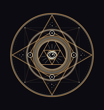 Sacred Symbols Design - Abstract Geometric Illustration - Gold and White Elements on Dark Backgroundのイラスト素材