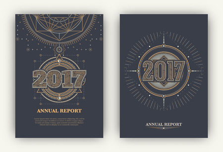 2017 - Annual Report Flyers - Sacred Symbols Design Set - Gold and White Elements on Dark Backgroundのイラスト素材