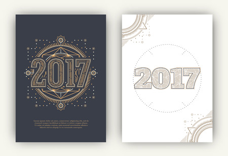 2017 - Annual Report Flyers - Sacred Symbols Design Set - Gold and White Elements on Dark and Light Backgroundのイラスト素材