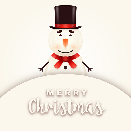 Cheerful, cute, smiling snowman illustration standing behind a signboard with replaceable textのイラスト素材